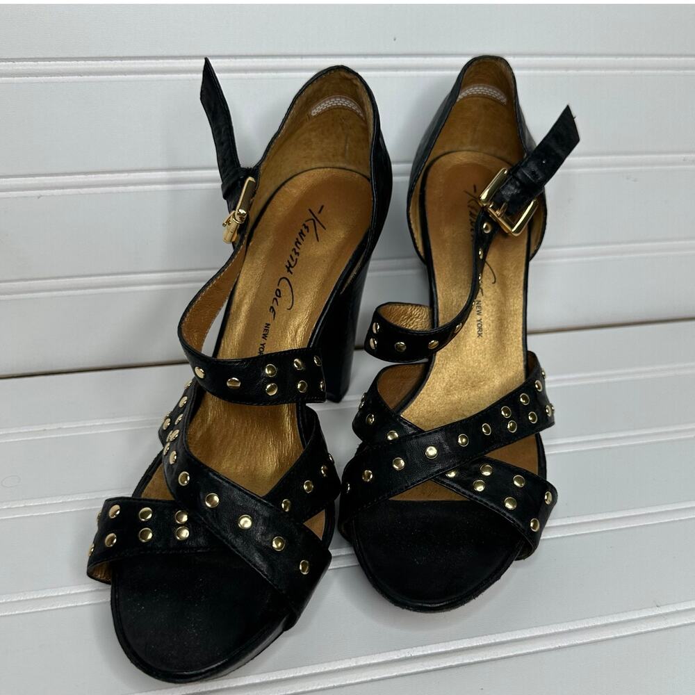 Kenneth Cole NY‎ genuine leather black strappy heels studs buckle gold